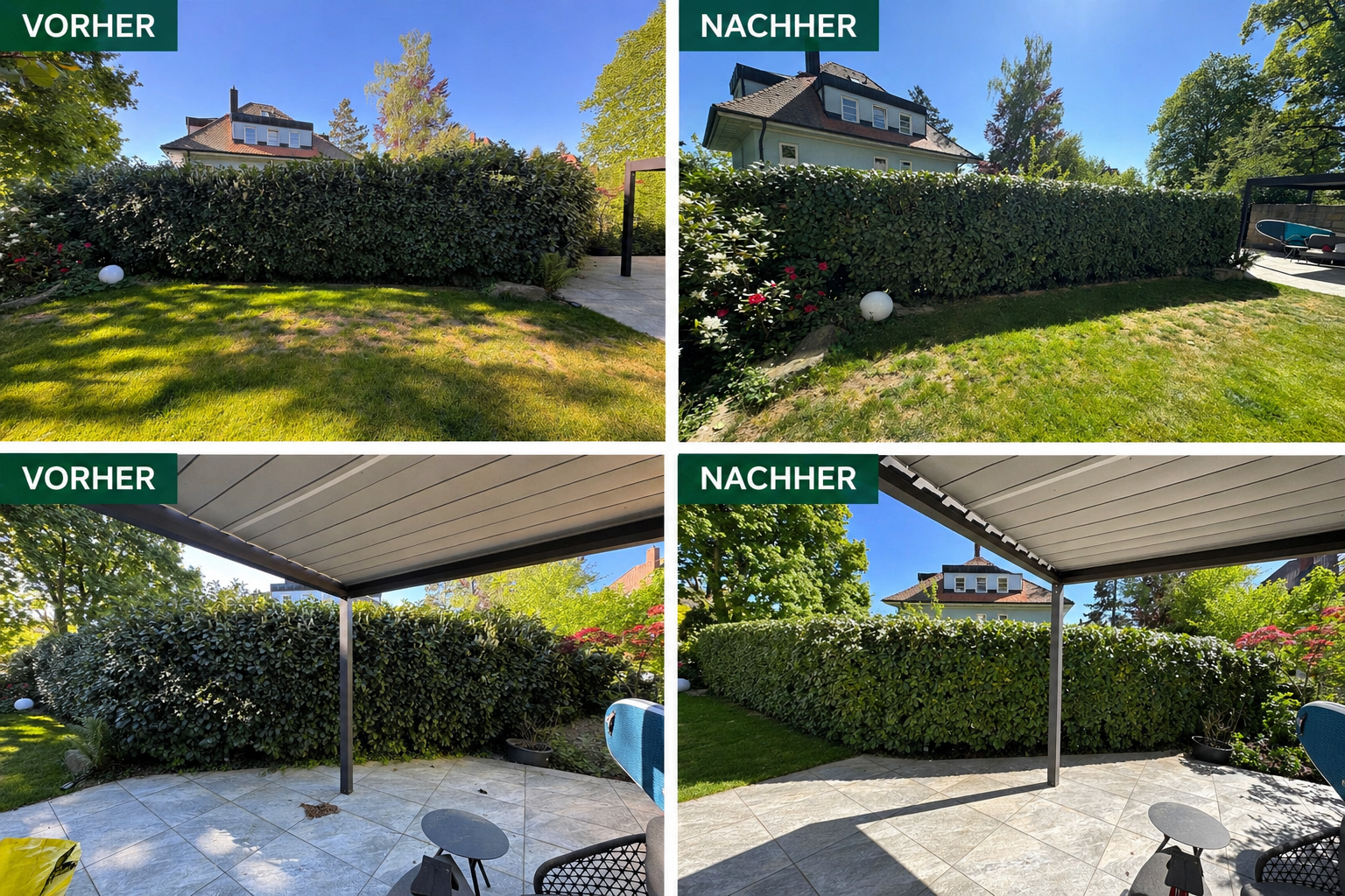Vorher-Nachher-Vergleich einer gepflegten Gartenhecke mit Rasen und Terrasse nach professionellem Heckenschnitt in Konstanz